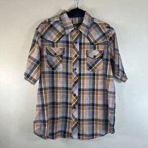 Alfie California VTG Blue Tan Plaid Button Up Short Sleeve Shirt 17.5 Neck XL